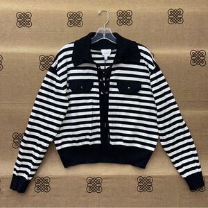 Pink Rose NWT! Striped Collar Long Sleeve Pullover Sweater In Black/White